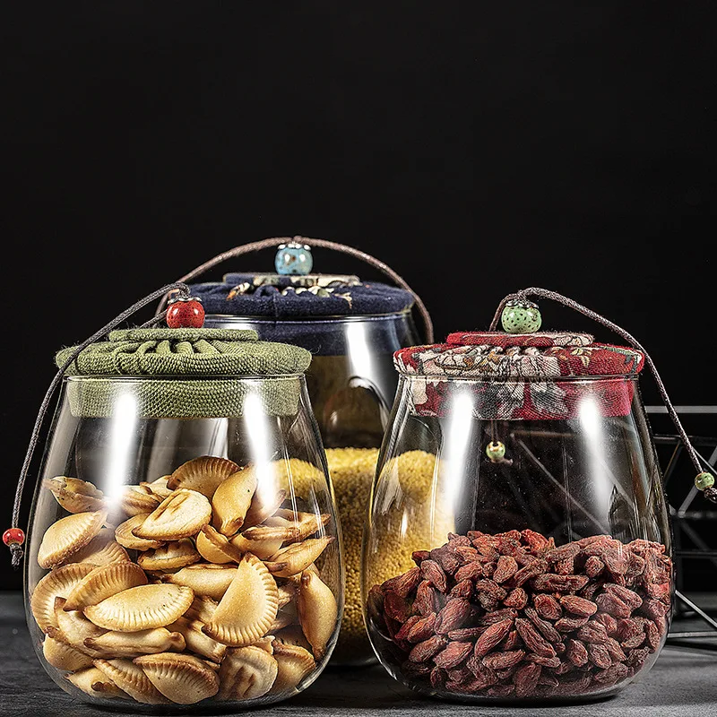 Frasco de Vidrio con Tapa de Tela, Creativo Recipiente de Almacenamiento de Vidrio para Snacks, Granos, Café, Té, Frasco para Dulces al por Mayor