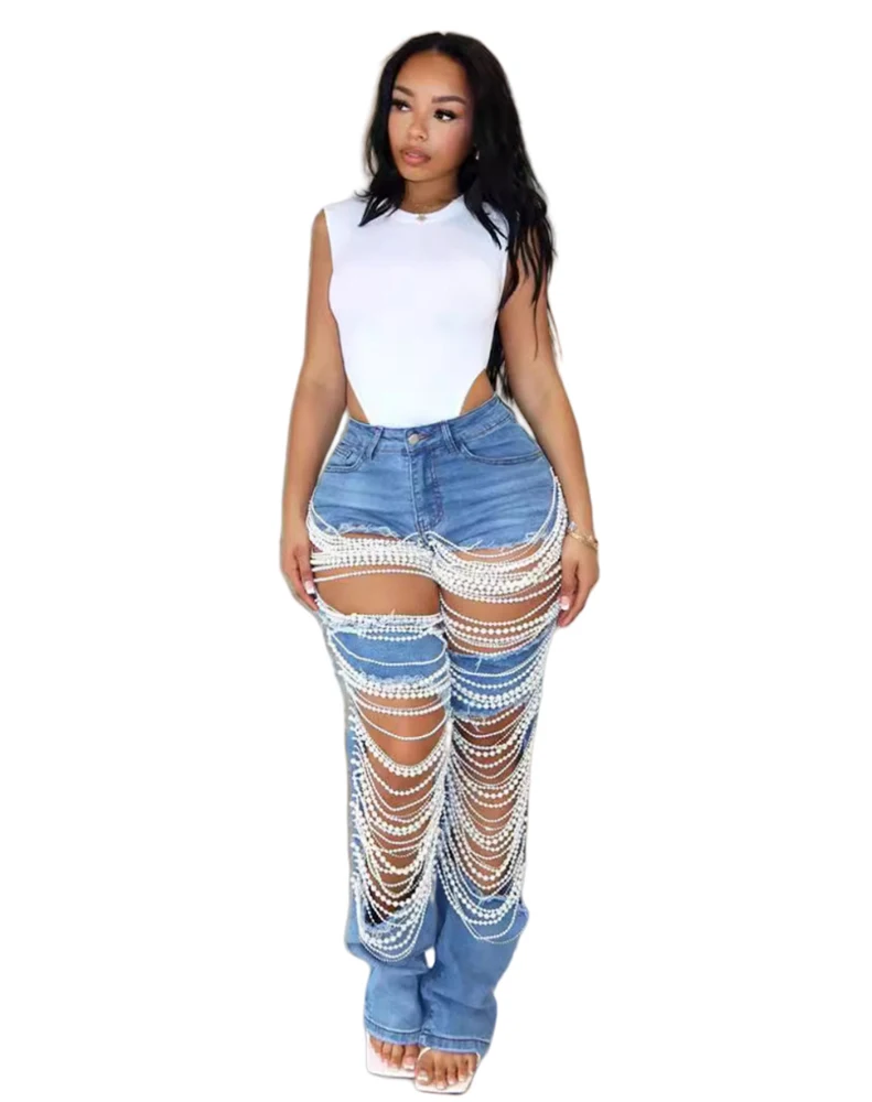 Straight Jeans Women Holes Pearls Diamond Rhinestone Solid Color High Waist Fashion Cotton High Street Ripped Denim Trousers