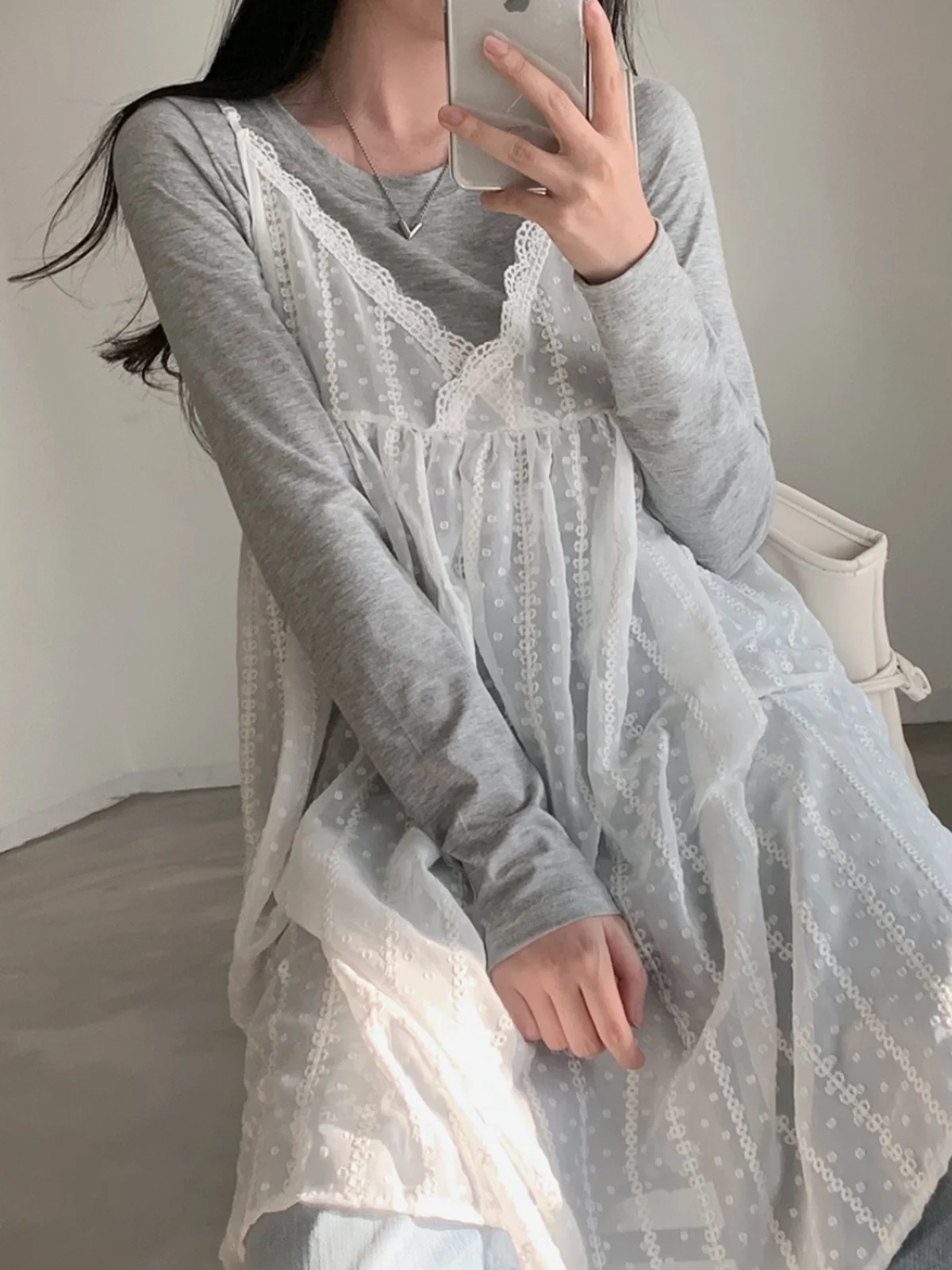 Vestido f com decote ter, renda, psado, malha, com bolinhas em camadas, estilo jovem, sem mangas, poliéster.