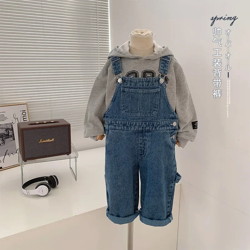 

2023 Early Spring Children's Pants Children's Korean-Style Light Blue Denim Suspender Pants Children's Spring Autumn Versatile