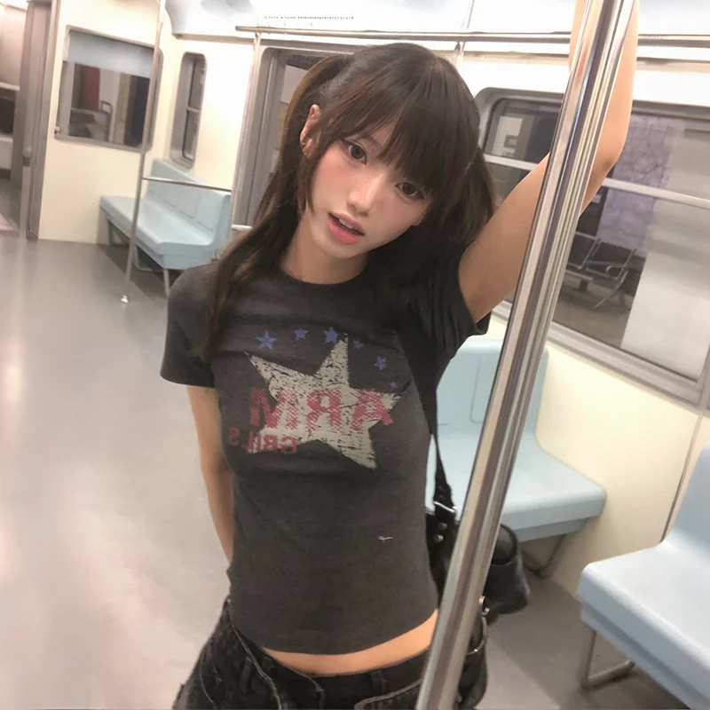Karrram Japanese Y2k Letter Print T-shirt Trashy 2000s Style Gray Tops Vintage Harajuku Short Sleeve Streetwear American Retro