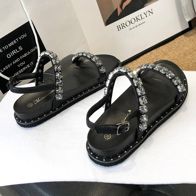 Rhinestone Band Platform Sandals Women Thick Bottom Flat Summer Gladiator Sandalias Mujer Crystal Beads Sandalias Femininas 2024