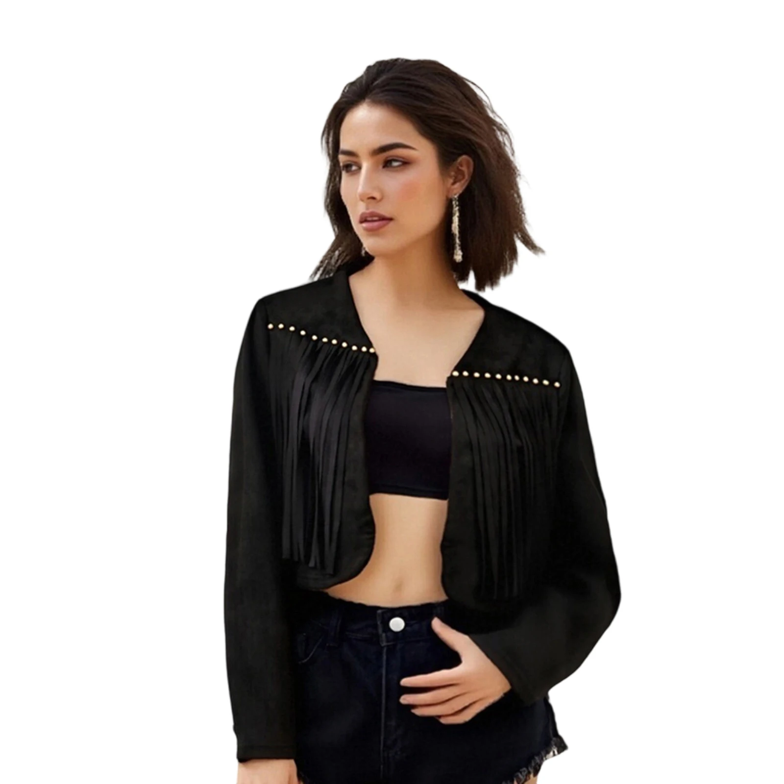 

Женская повседневная куртка с открытым передом, воротником и длинными рукавами, декором с заклепками и кисточками