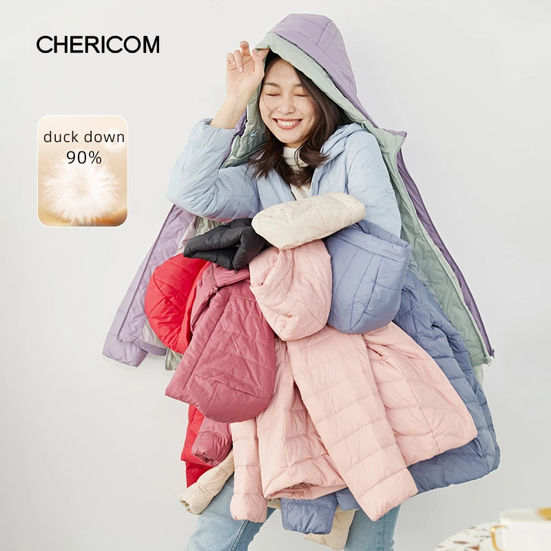 Chericom Korean Fashion Lightweight Hooded Down Jacket Women's Short Puffer Coats Warm Casual Solid Waterproof Jacket 279002