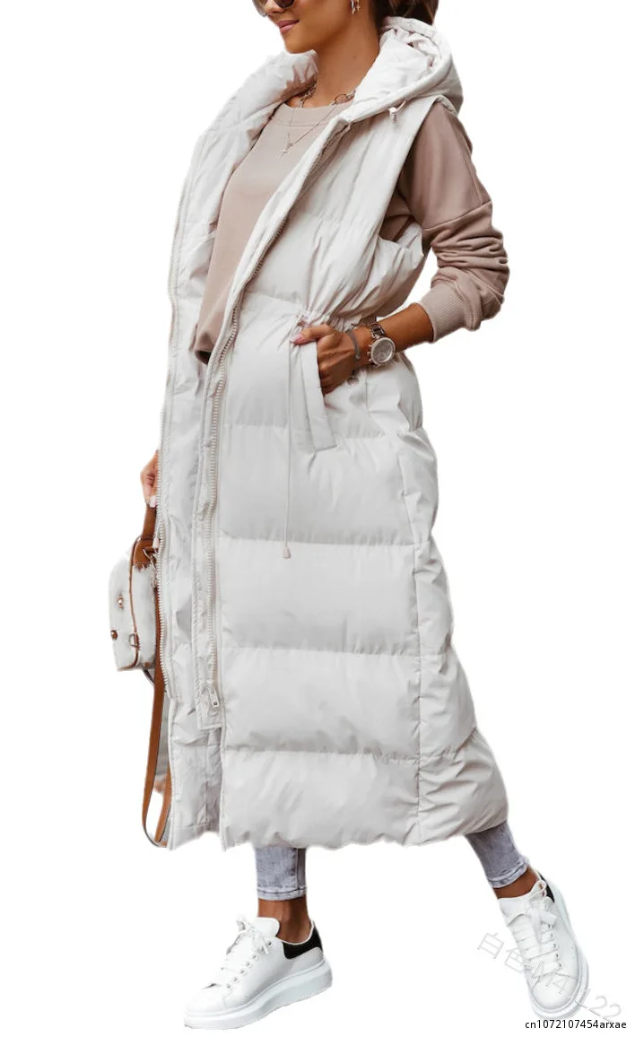 Gilet senza maniche da donna piumino lungo in cotone con cerniera tasche con cappuccio senza maniche autunno inverno donna piumino cappotto giacca