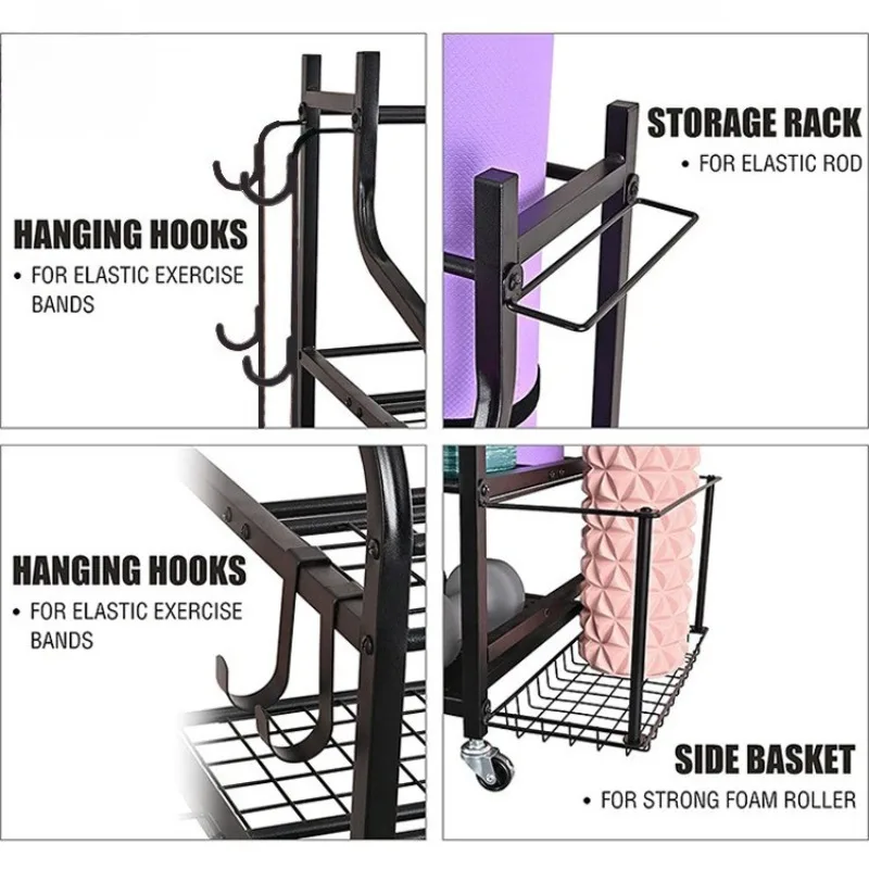 Mobile Multifunctional Home Gym Storage Rack Organizer for Yoga Mat Basketball Dumbbell Foam Roller Fitness Sports Gear