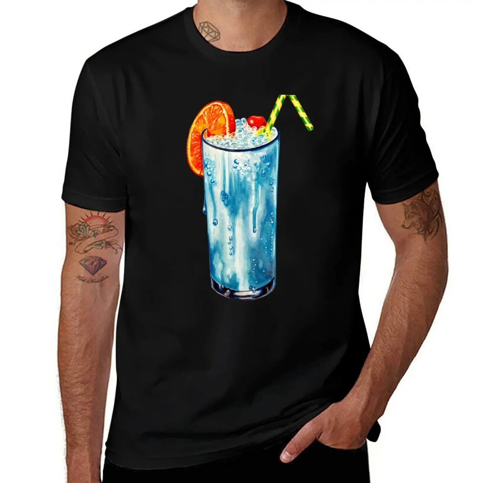 Blue Hawaii Cocktail Pattern - Mint T-Shirt Casual Lightweight Short Sleeve Top T-Shirt