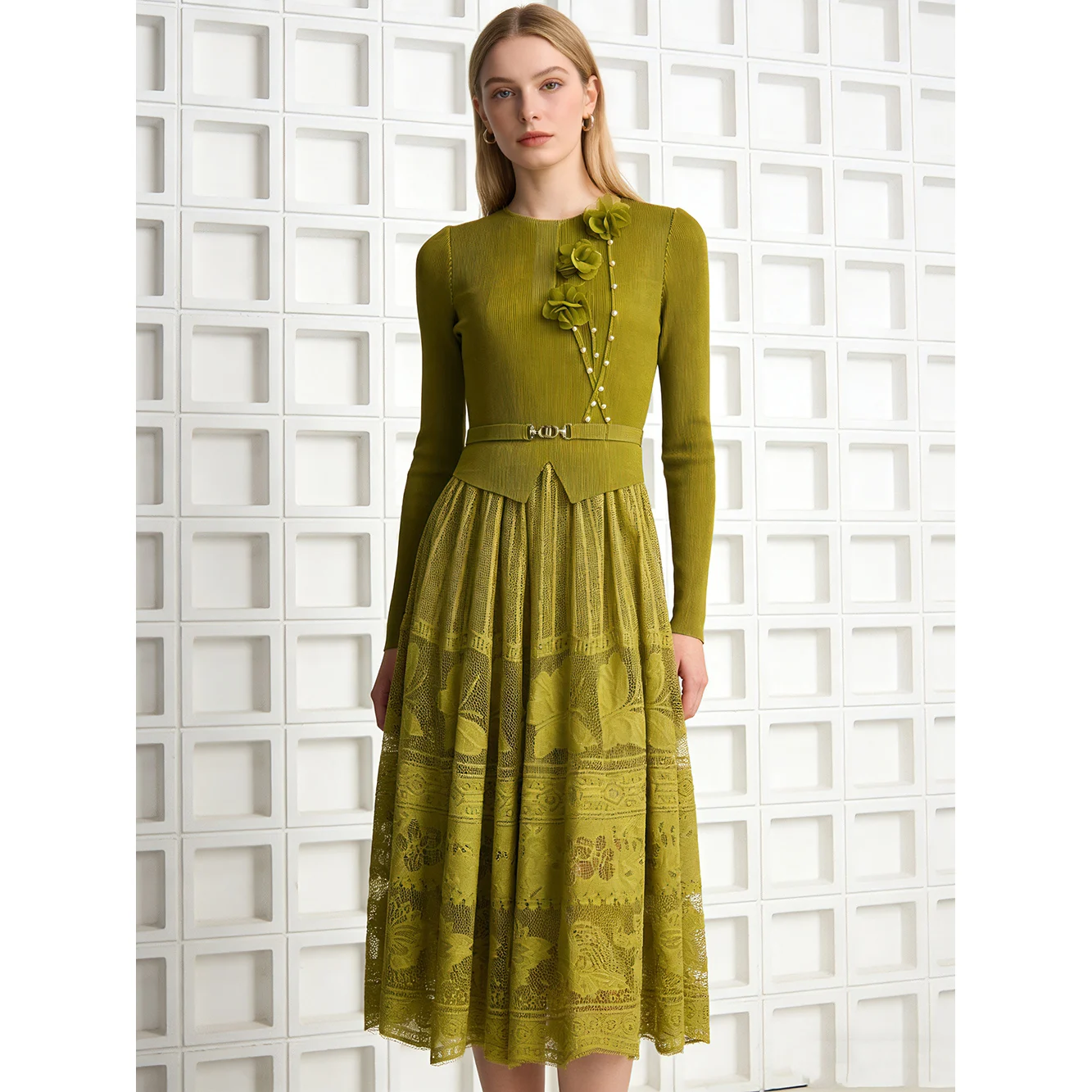 

Элегантное плиссированное длинное платье с кружевом и 3D-цветочным декором, модная женская одежда в традиционном китайском стиле