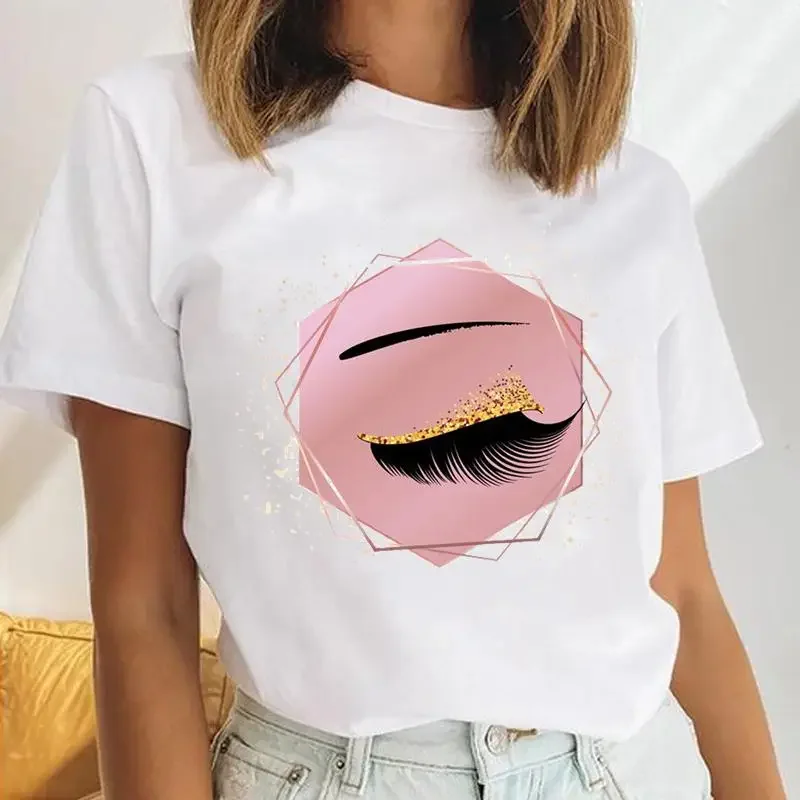 Graphic T Shirt Women Eyelash Love Heart Sleep Make Up Female Short Sleeve Cartoon Print Cute Ladies Tees T Shirt Clothes Tops