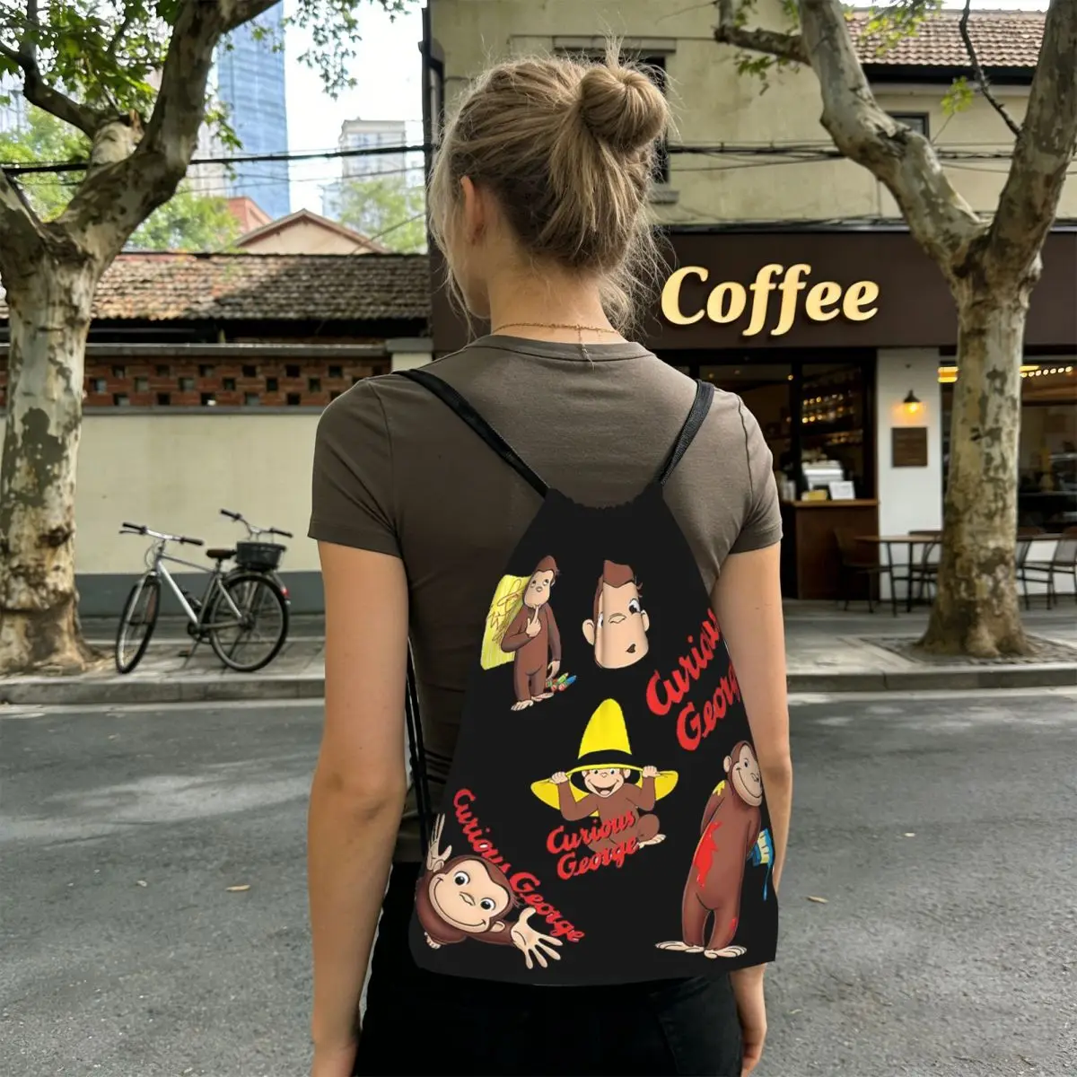 Cartoon Curious George Monkey Anime Backpacks Multi-function Drawstring Bundle Pocket Sports Bag Book Bags for Man Woman School