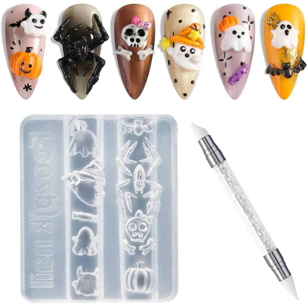 Silicone Nail Art Molds Halloween, 3D Bat Pumpkin Skeleton Nail Charms Mold with Carving Pen Clear Eling Templates Manicure Sten