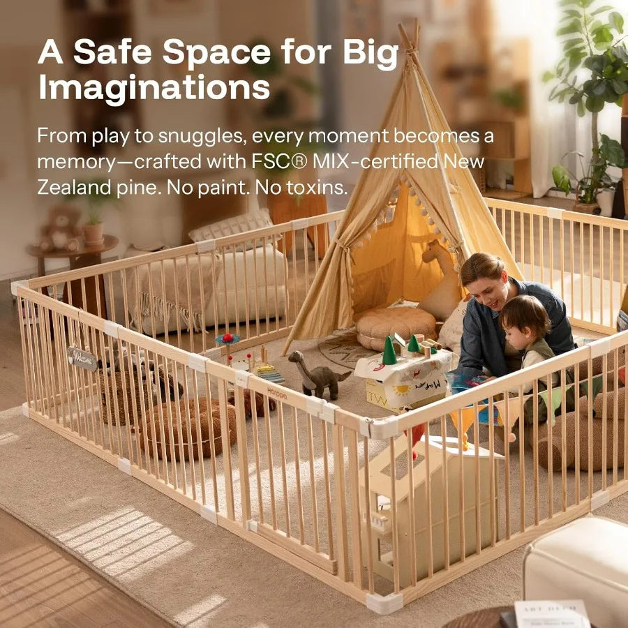 Kojec dla dziecka, drewniany kojec dla niemowląt i małych dzieci, duży plac zabaw, ogrodzenie dla dziecka, strefa zabaw, 181,5 x 202,5 x 61,5 cm