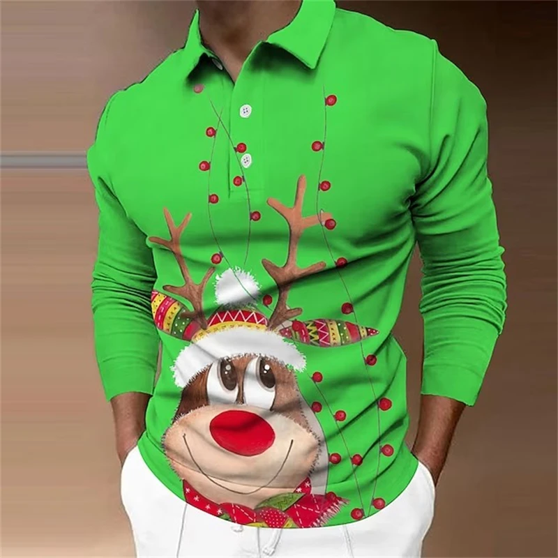 Cute Christmas Festival 3D Graphic Long Sleeve Polo Shirt For Mens Clothes Fresh Casual Fashion Male Lapel Shirts Comfy Tops