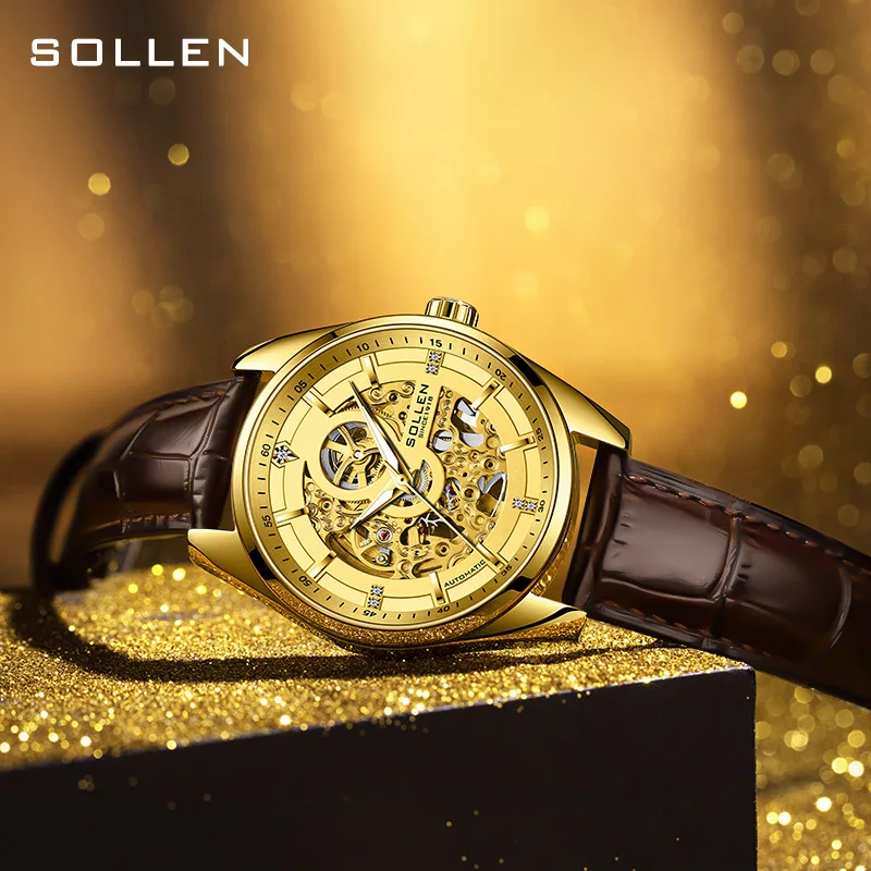 

SOLLEN Brand High-end Fashion Skeleton Gold Mechanical Watch Men Leather Strap Waterproof Luxury Automatic Hollow Watches Mens