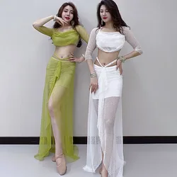 Belly Dance Costume Set Sexy Hollow Out Sleeves Top+split Trousers 2pcs for Women Belly Dancing Performance Suit Practice Outfit