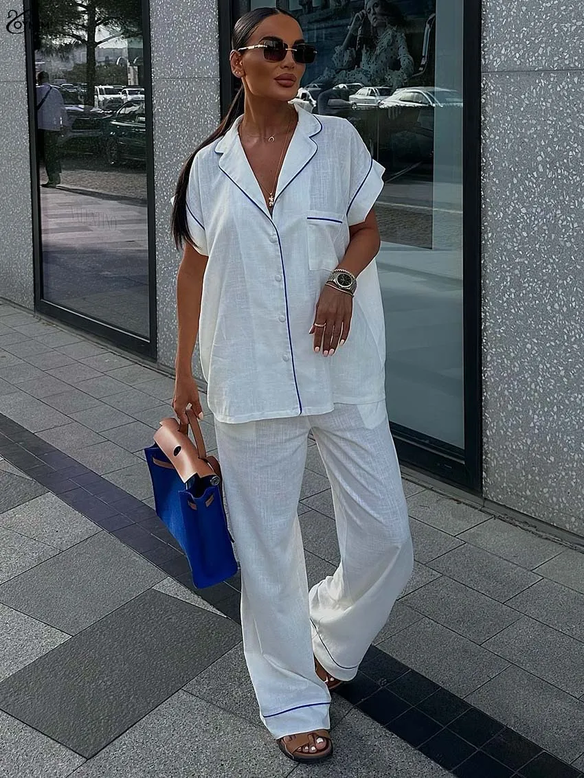 

Oymimi Fashion White Patchwork Sets Woman 2 Piece Elegant Short Sleeve Pockets Button Shirts And Straight Trousers Female Sets