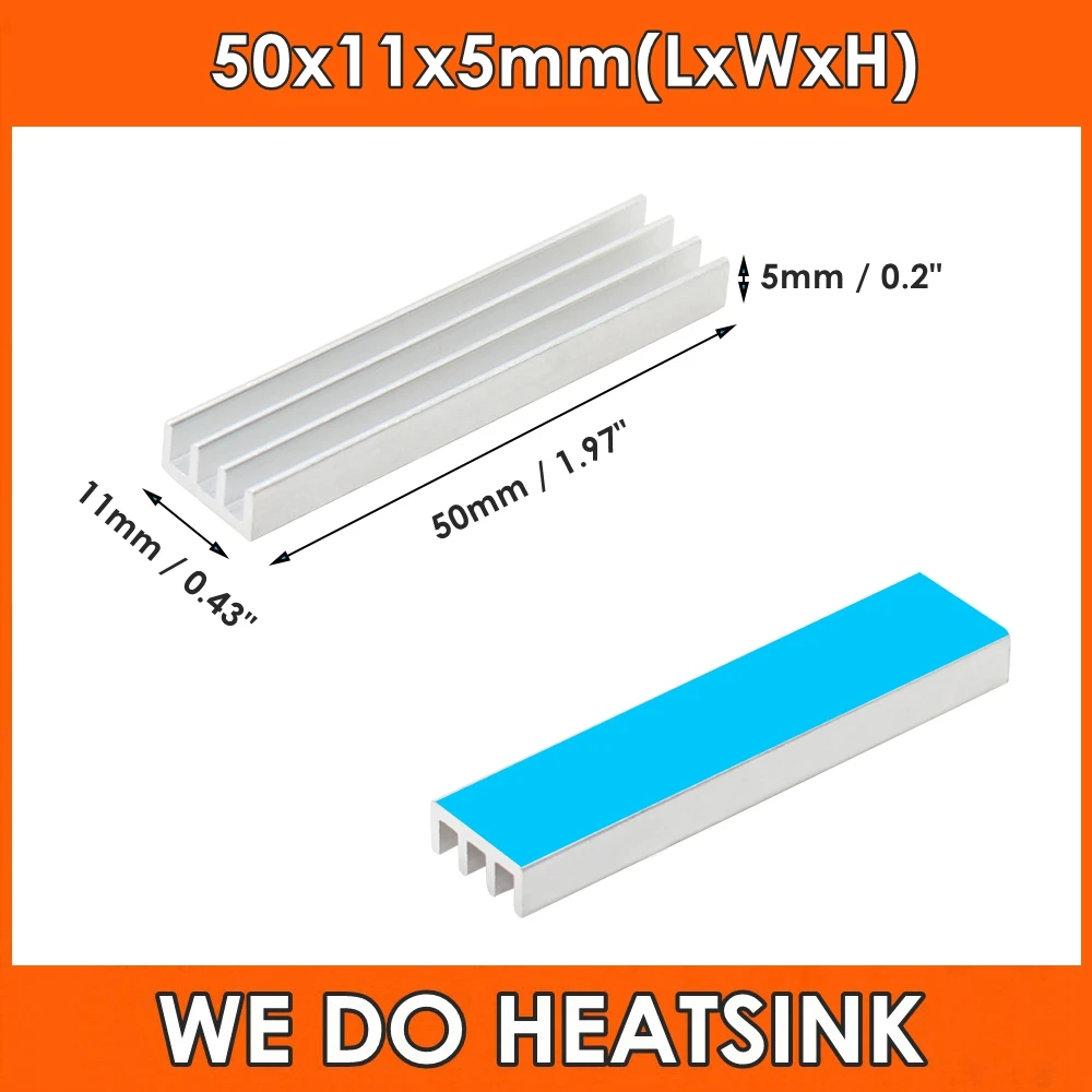 50x11x5mm Silver Aluminum Extruded Heatsink Radiator Cooler for CPU IC DIP Chip with Thermal Adhesive Pad Assembly Applied