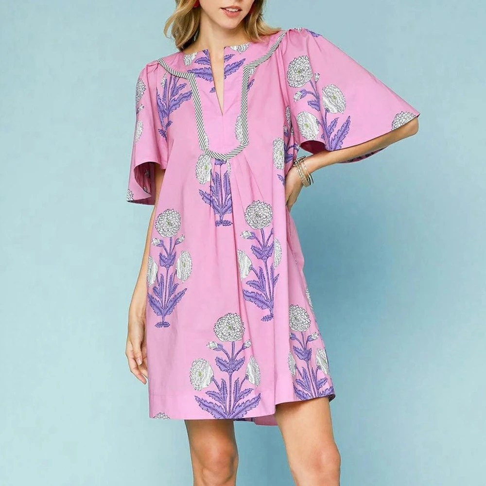 Mulheres verão bohomian beachwear estética floral impressão curta alargamento batwing manga com decote em v solto ajuste curto mini vestido