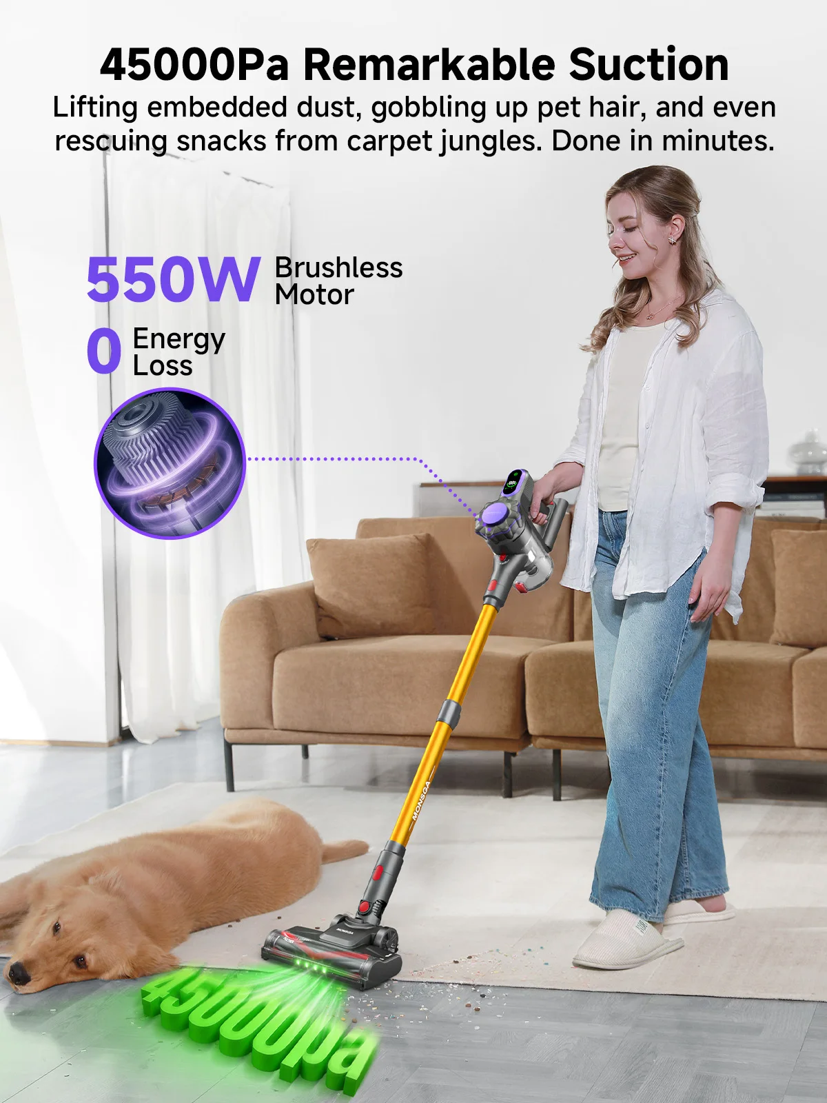 MV3 550W Cordless Vacuum Cleaner, 45KPa Strong Suction, Handle Vacuum, 50Mins Runtime Stick Vacuum, Self-Standing Anti-Tangle Brush Lightweight Vacuum for Pet Hair Hard Floor Carpet Car Home Cleaning