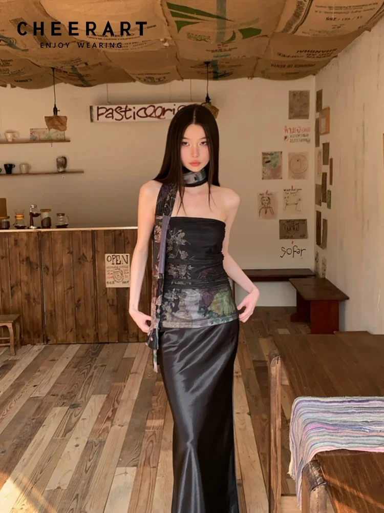 

CHEERART Three Ways To Wear Floral Mesh Strapless Crop Top For Woman Summer 2025 Shirring Designer Tube Top Fashion Clothing
