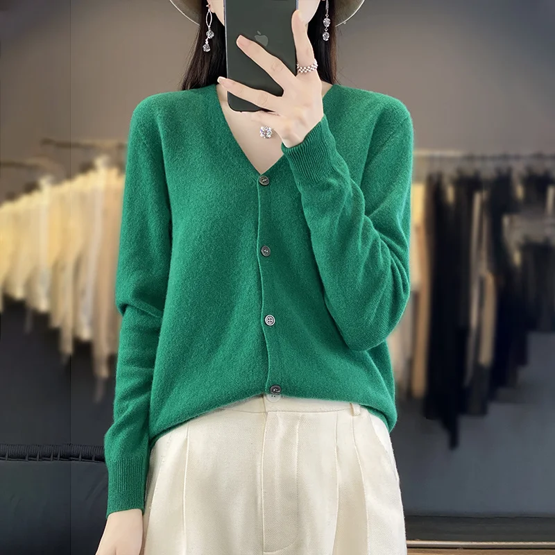 New Fashion Spring Autumn 100% Merino Wool Women\'s V-neck Cardigan Cashmere Sweater 2024 Female Knitwear Clothing Korean Tops