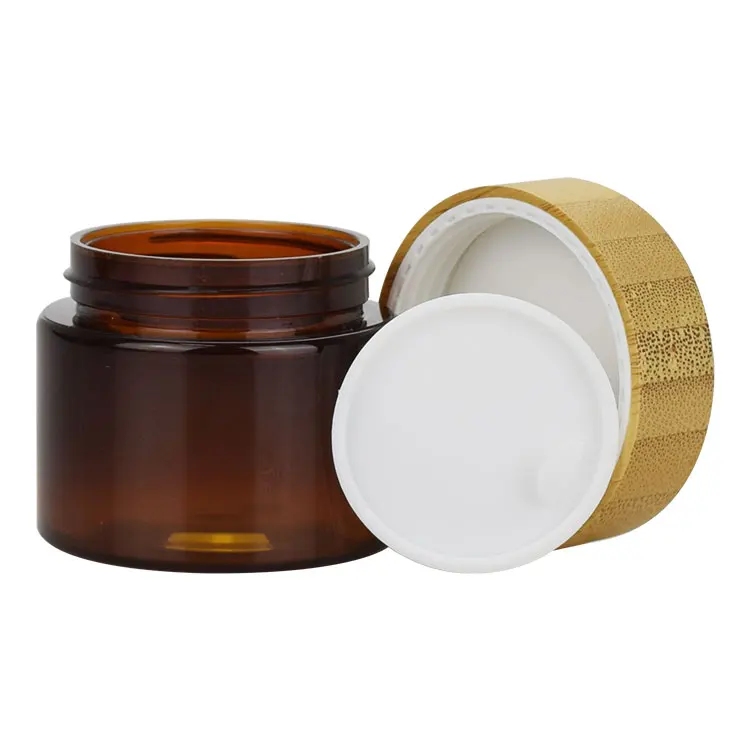 6 Stuks Lege Amber Huisdier Zalfpotje Blikjes 50Ml Plastic Potten Met Natuurlijke Bamboe Hout Deksels Lege Kleine Cosmetica body Scrub Containers