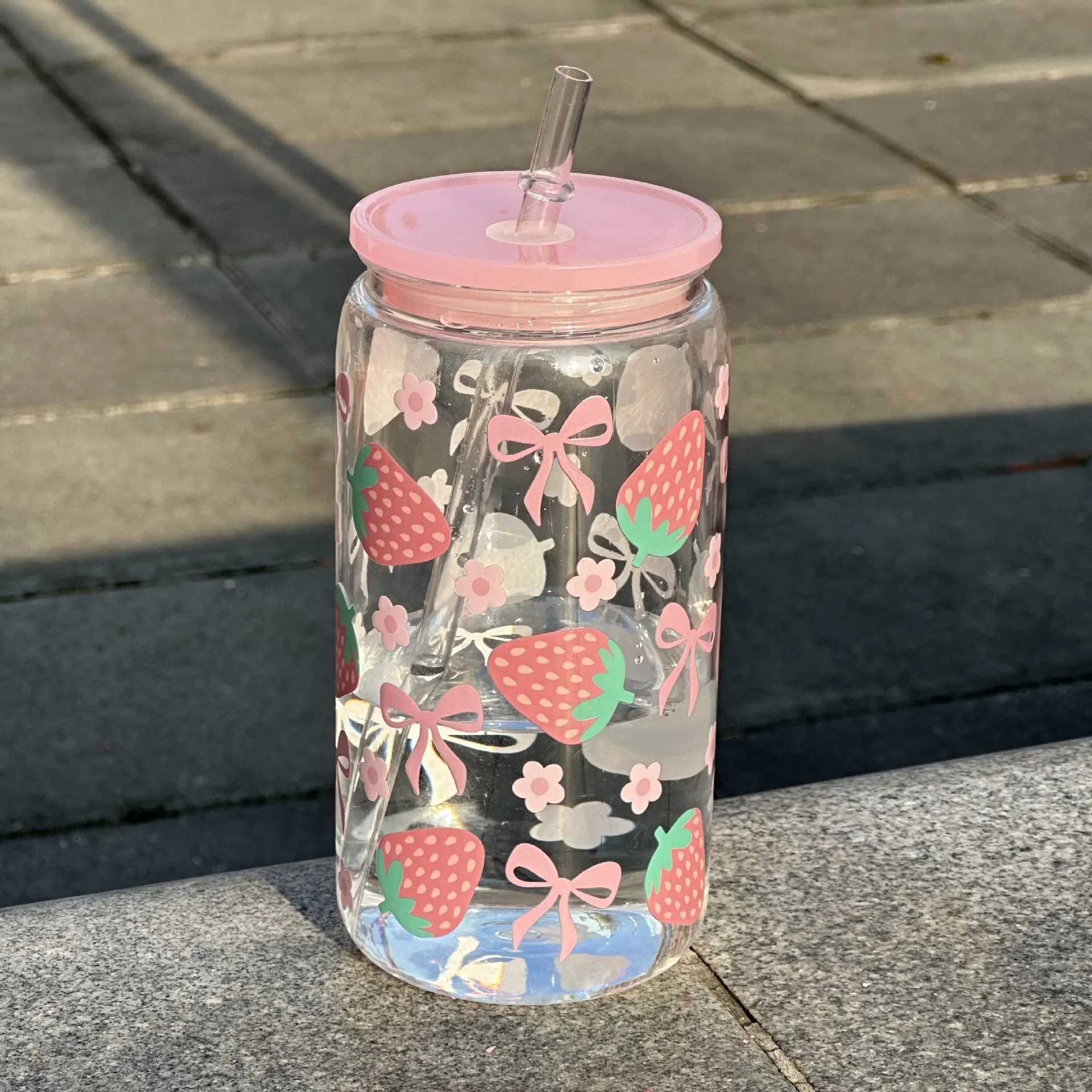 500ml Cute Bow Glass Cup Tumbler Mason Jar Shaped Water Bottle With Lids Straw Coffee Cups Party Gift for Iced Coffee Juice Cup