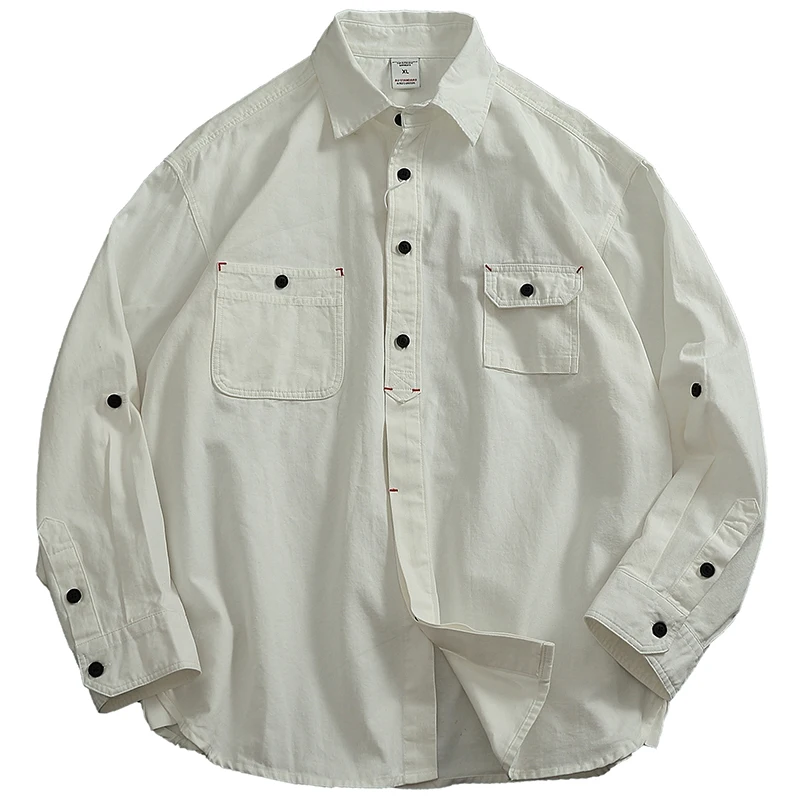 

Oxford woven casual shirt men's variable five-sleeve top to make old washed white cotton thick cargo pocket shirt