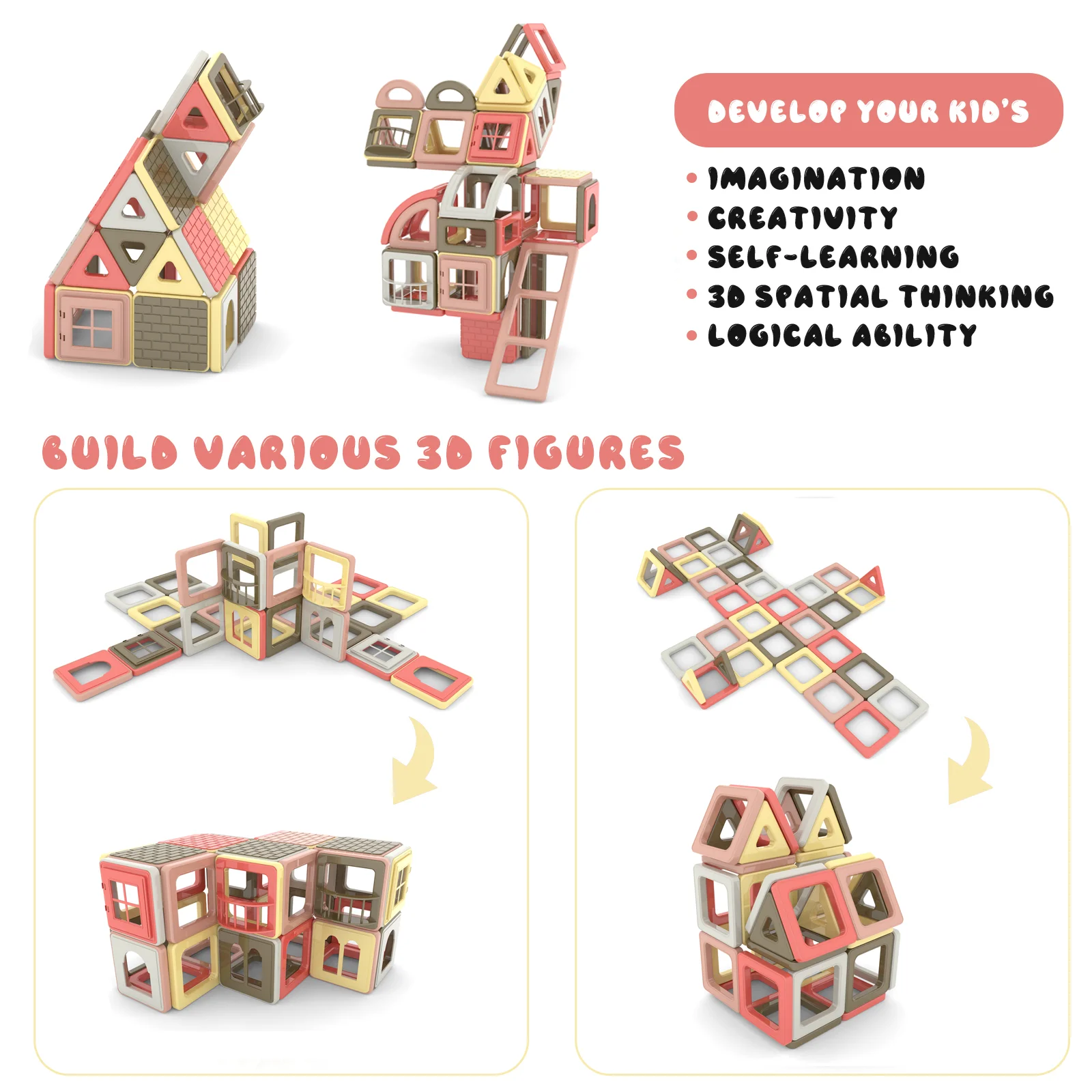 165pcs Mini Magnetic Tiles 3D Magnetic Building Blocks Toys Educational toys for Kids Preschool Learning Stacking Blocks