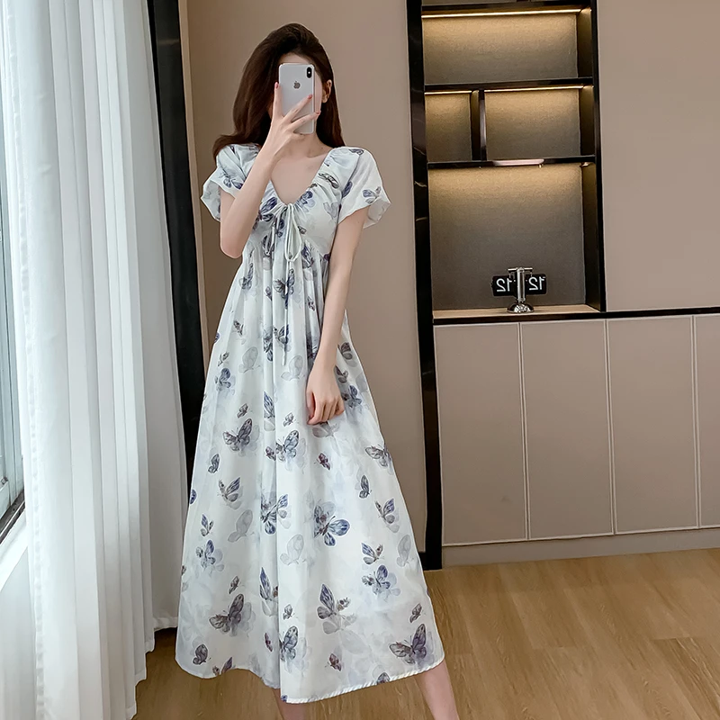 

2024 Summer New French Temperament Elegant V-Neck Dresses Women's Butterfly Print Slim Fit A-line Casual Chiffon Long Dress