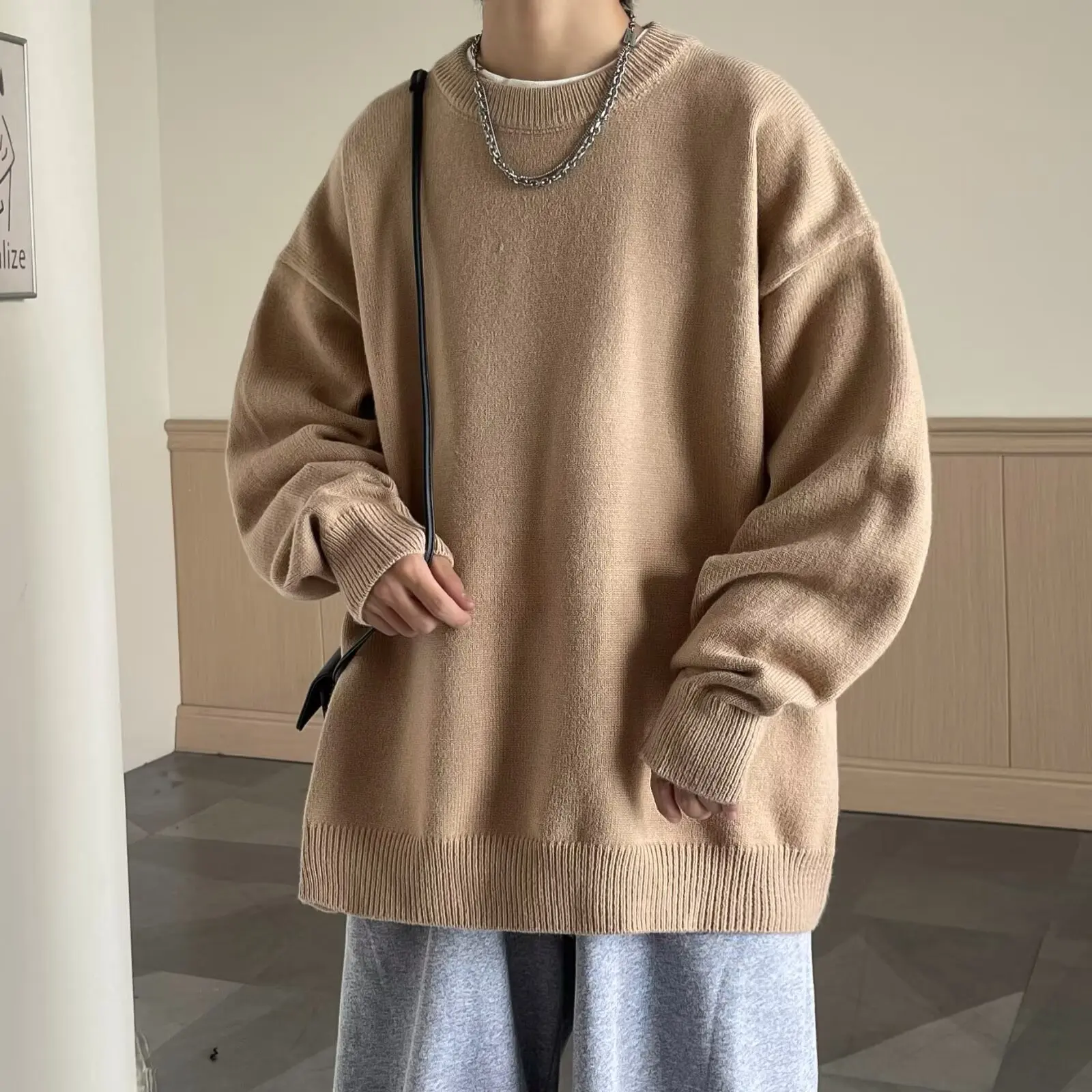 

Свободный мужской вязаный свитер, винтажный одинаковый пуловер для пары Lazy Sle, длинный свек, теплый повседневная одежда из полиэфирного волокна