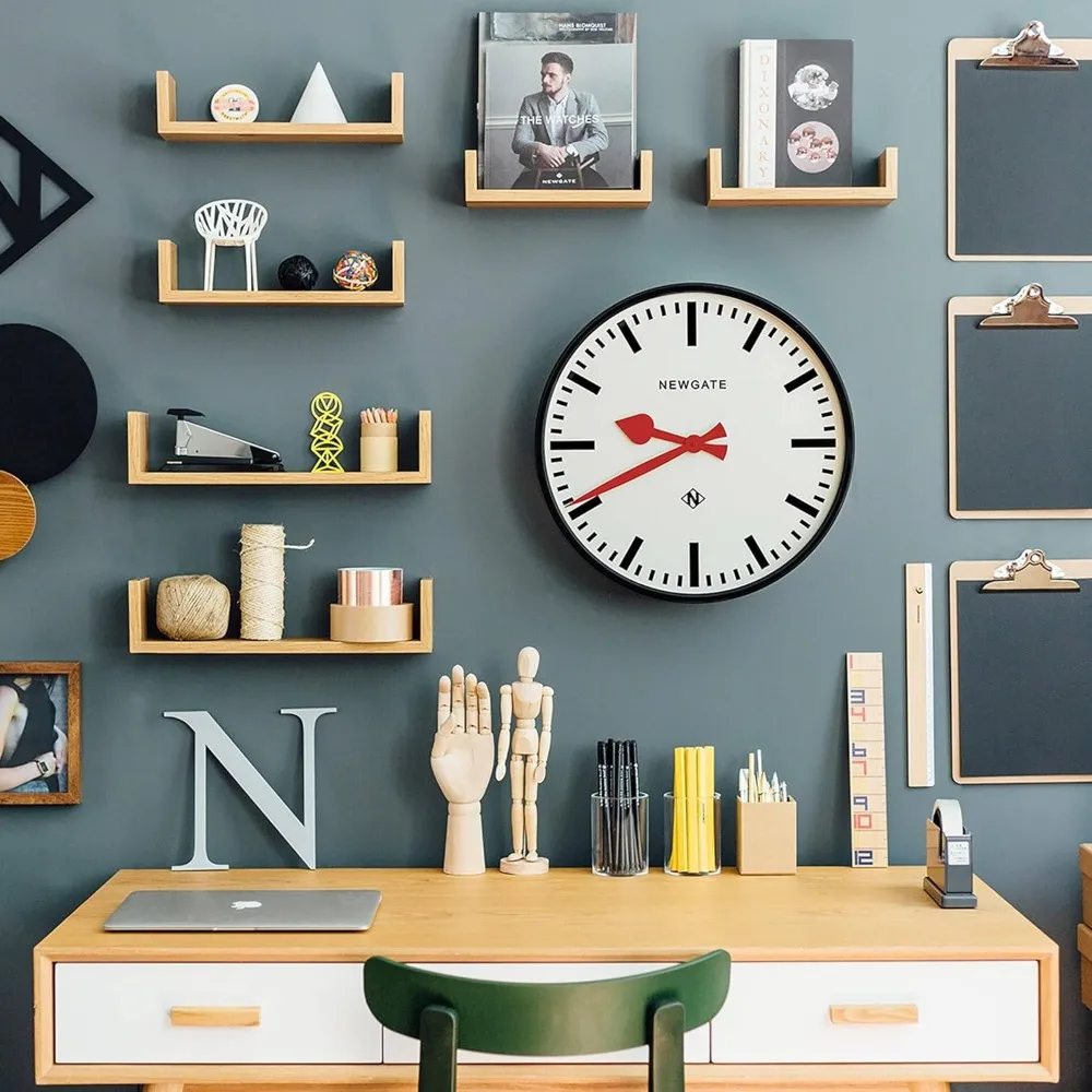 

Wall Clock | Large Retro Style Modern Station Clock | 17.5 Inches | Deep Gloss Black Metal Case with Red Hands
