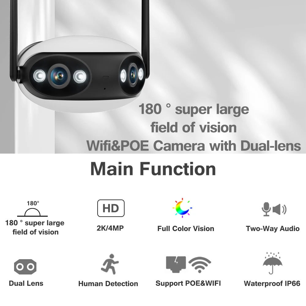 2K Dual Lens POE WiFi Color Night Vision 180° Wide Angel Outdoor Wifi Surveillance Cameras CCTV Security Protection Camera