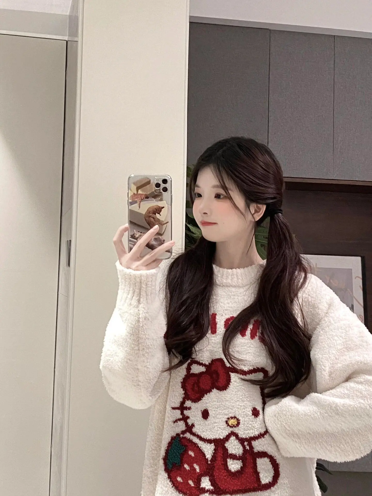 Hello Kitty-Conjunto de pijama de punto de felpa con dibujos animados Kawaii para mujer, ropa de descanso para el hogar, cálida, gruesa y acogedora, para otoño e invierno, 2025