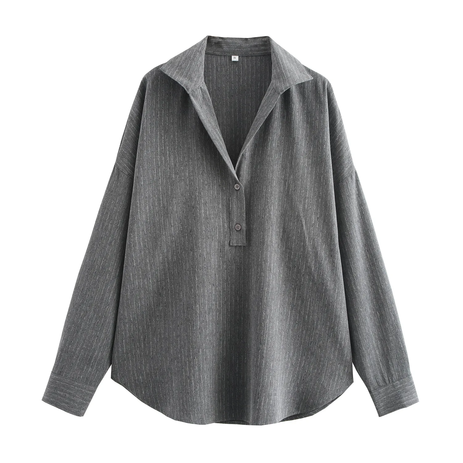 

Women's new fashion button up decoration loose striped casual polo shirt collar shirt retro long sleeved women's shirt