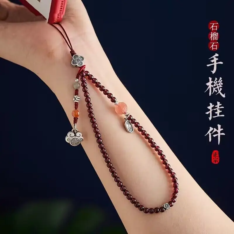 Natural Garnet Mobile Chain Pure Silver Four Leaf Safe Anti Drop Mobile Phone Pendant Wrist Strap Short Style for Women