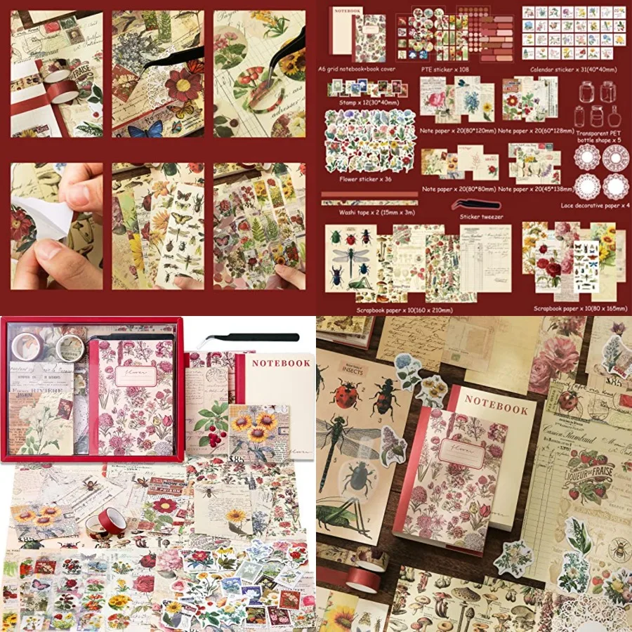 

emmoolife Vintage Aesthetic Scrapbooking Supplies Kit with Flowers Botanical Theme Bullet Journaling Tools Tweezers A6 Grid Not