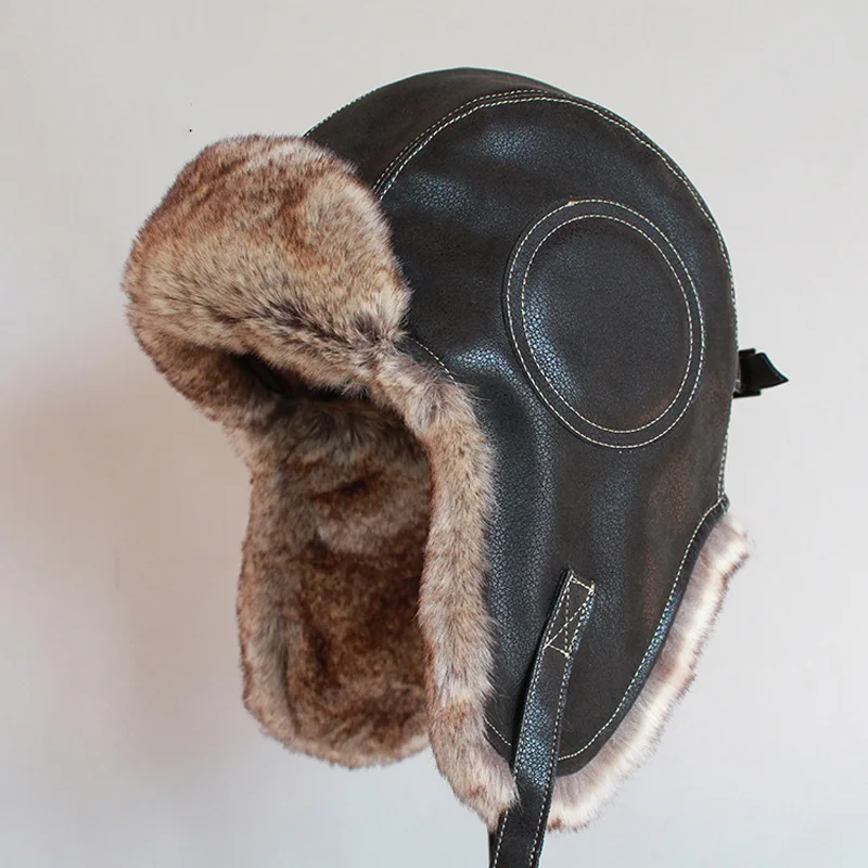 ZDFURS*Winter Ushanka Hat Men Women's  Pilot Aviator Bomber Trapper Hat Faux Fur Leather Snow Cap with Ear Flaps