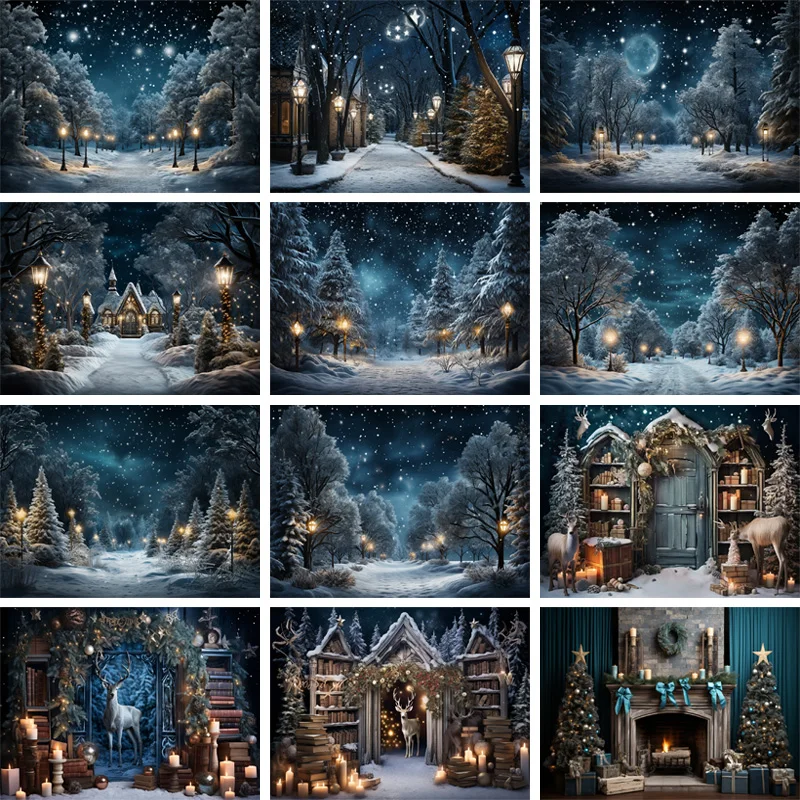 Mocsicka Winter Forest Backgrounds for Portraits Snowflakes Streetlights Nightscape Pine Trees Backdrops Studio Props Photozone