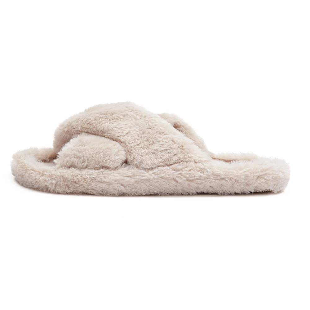 Winter Women Home Indoor Grey Casual Slippers Female Fluffy Shoes Cross Design Slides Ladies Soft Warm Plush Slipper