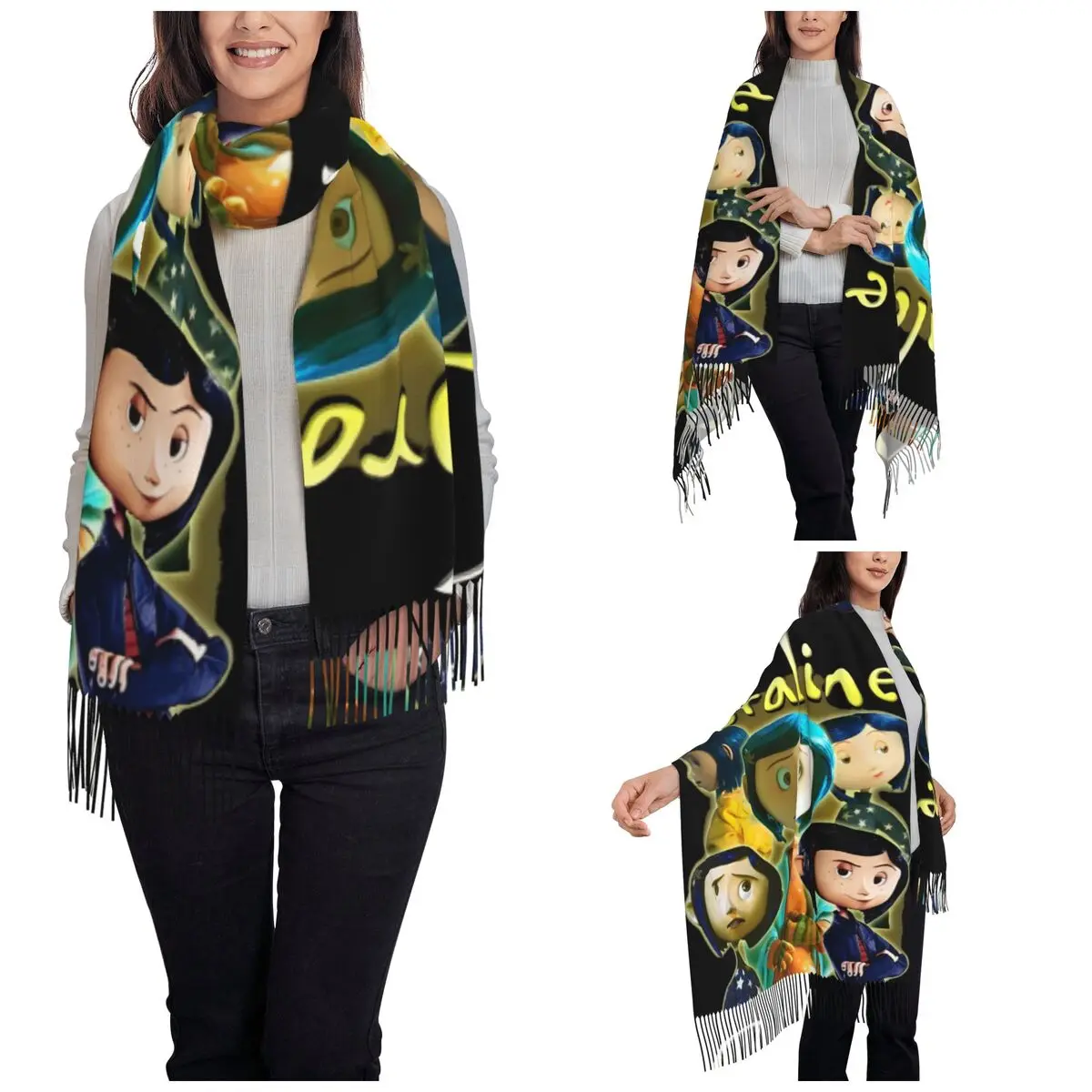 Womens Tassel Scarf Coralines Cartoon Movies Long Winter Warm Shawl Wrap Other Mother Daily Wear Cashmere Scarf