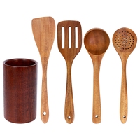 Wooden Tableware,Teak Kitchen Cooking Tableware Set With Stand, Suitable For Non-Stick Cookware,Wooden Shovel Spoon Cooking 5Pcs