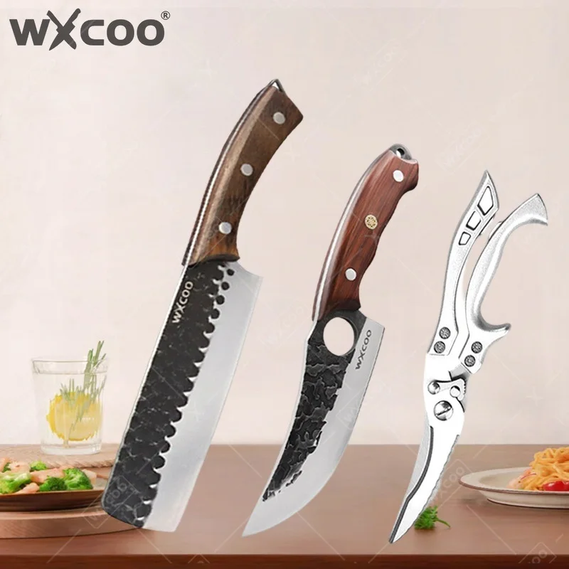 WXCOO 1~3-teiliges Küchenmesser-Set Handgeschmiedete Edelstahl-Scherenmesser zum Kochen Knochenhacker Kochmesser