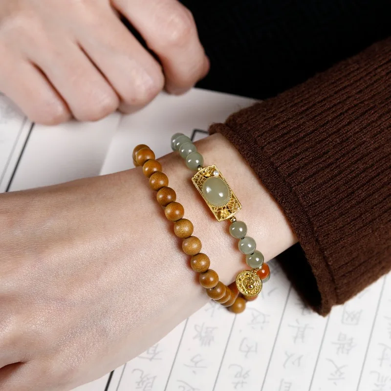 6mm Double Loop Sandalwood Bracelet with Hetian Jade DIY Wristband Unisex Prayer Beads Jewelry Gifts