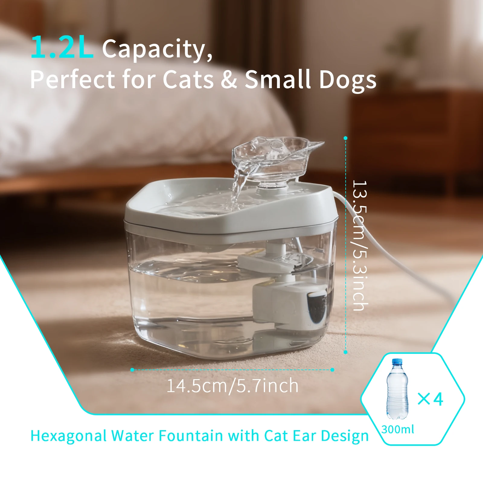 Katzenbrunnen 1,2 l/42,23 fl oz Katzenwasserspender, Haustiertrinkbrunnen, USB-betrieben – geeignet für Katzen/kleine bis mittelgroße Hunde – Detail 4