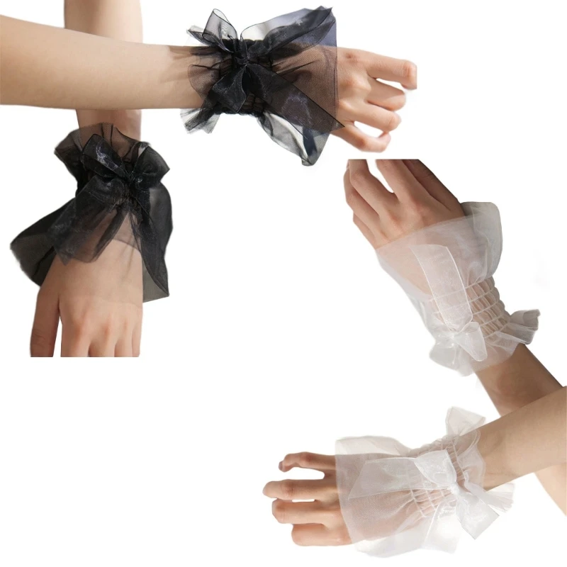 Women Wrist Cuffs Tulle Detachable Flared Sleeve Bowknot for Wedding Supply D5QB