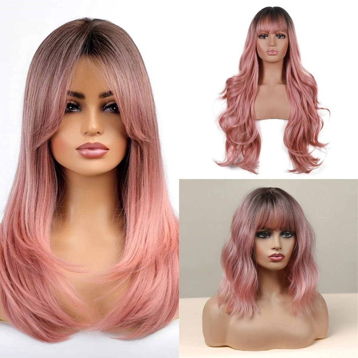 Wavy Short Curly Straight Long Ombre Pink Hair Bangs Natural wig