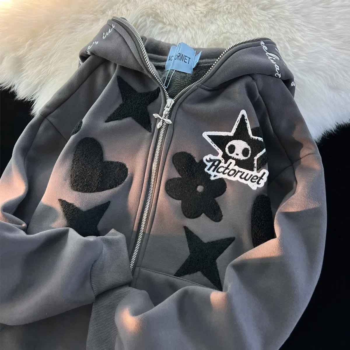 American Vintage Embroidery zip up hoodie High Quality Jacket Women Oversized Star Print Sweatshirt Goth Harajuku Y2k Streetwear