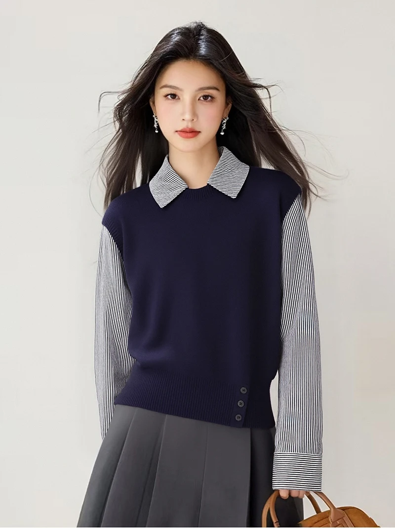 ヨーロッパ風、服、ヴィンテージ、秋、冬、セーター、シック、セクシー、フェイクツーピース、パッチワーク、女性、長袖、ニット、プルオーバー、トップス、510068