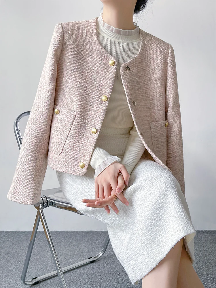 

Корейское роскошное брендовое розовое шерстяное пальто для женщин Ele Small Fraance Sle, осень-зима, Новое поступление, прямой крой, Pur...